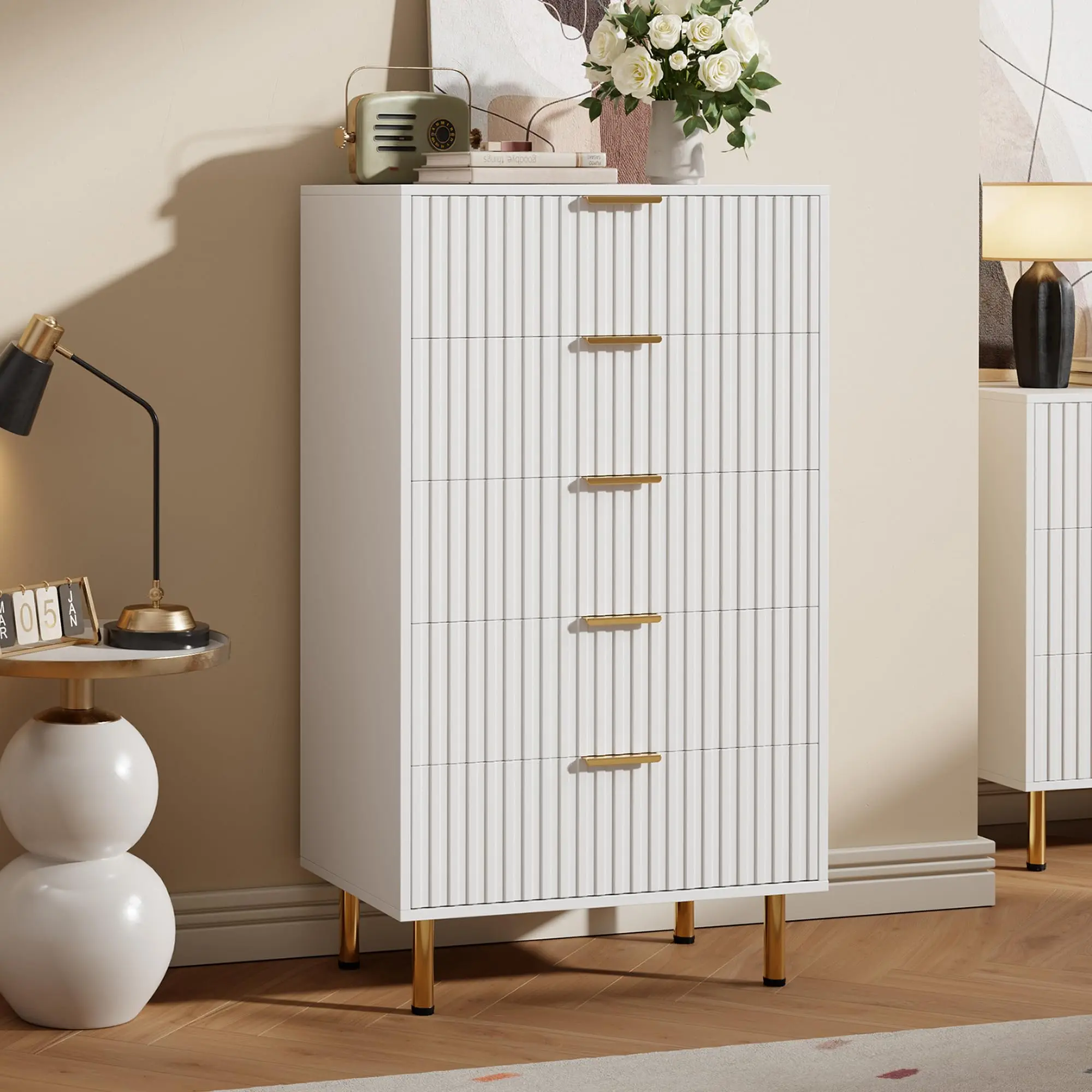 OP-Fluted Modern Classic Drawer Dresser Chest for Bedroom, Deep Drawers & Wide Modern Top, Long Large Double Dresser TV Stand and Storage Organizer for Bedroom, Living Room, Hallway, Kids Room