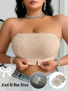 Plus Size Women's Strapless Floral Lace Halter Bralette, Wireless High Elasticity, Detachable Invisible Straps Bandeau Bra, Comfortable Breathable, Elegant Chic Daily Wear Dates and Low Neck Lace Bras