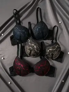 3pcs Sexy Women's Push-Up Underwire Everyday Bra Set, Adjustable Colorblock Lace Lingerie, Medium Support, All Seasons, Elegant Fitted Style, Underwear, Womenswear