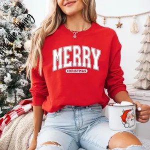 Women's Merry Christmas Crewneck Sweatshirt - Pullover fall sweater soft material long sleeve round neck pullover sweater heavyweight cotton christmas sweatshirt Womenswear Fleece