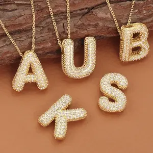 Super popular bubble-shaped letter pendant necklace with copper plating and zirconium stone inlay, hip-hop style balloon letter collar chain