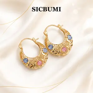 Sicbumi Vintage Flower Hoop Earrings for Women - Trendy Tri-Color Filigree Basket Design, Elegant Statement Earrings for Daily Wear & Gift