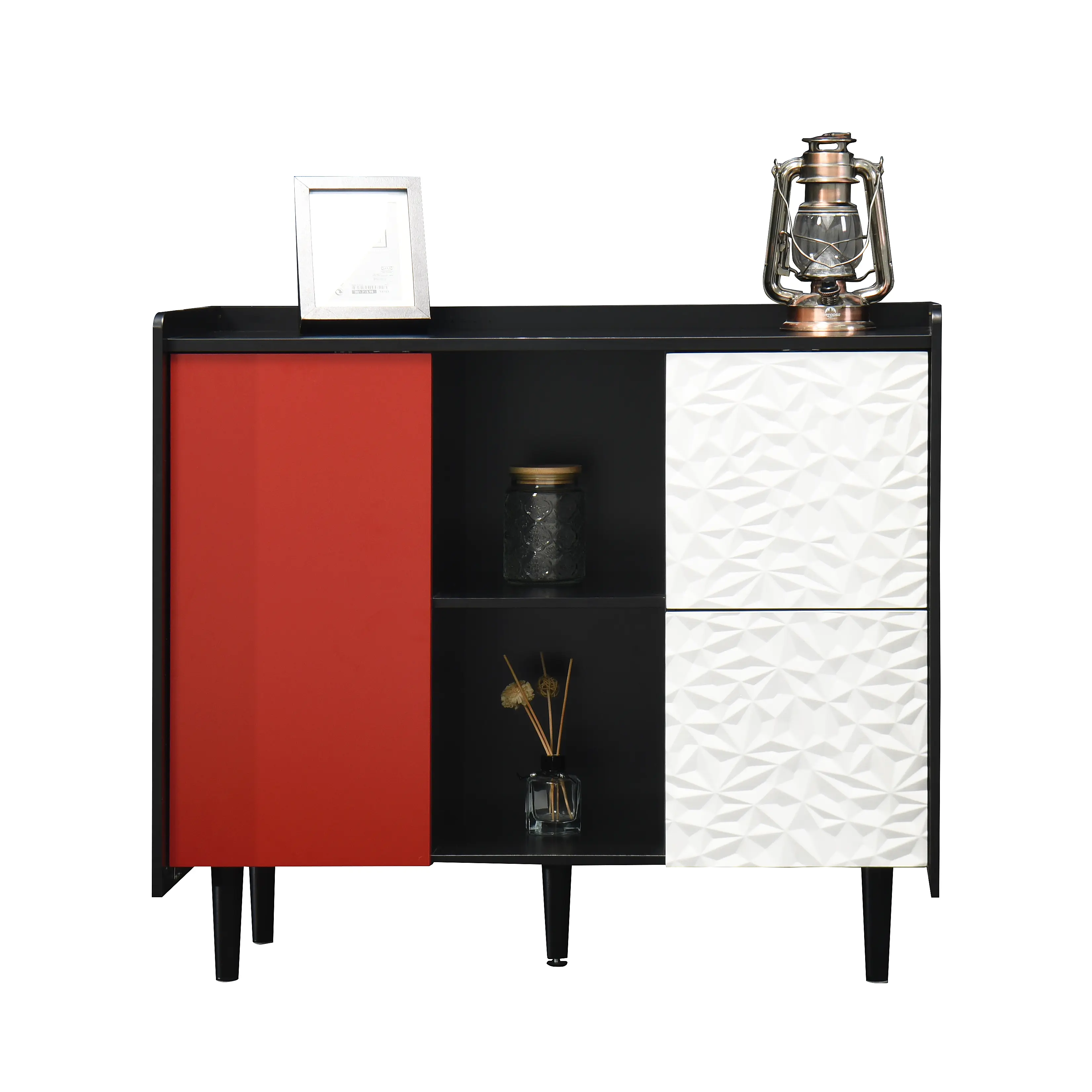 Dreamzon furniture Sideboard Buffet Cabinet, Black Storage Cabinet with Red Doors , 2 Drawers with unique panel styling and 2 Open Storage Compartment, Modern Coffee Bar Cabinet Accent Cabinet for Kitchen, Dining Room,
