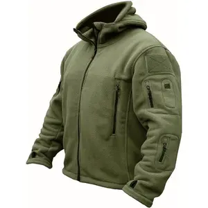 Men's Tactical Fleece Jacket - Full Zip Hooded Winter Coat, Windproof & Warm for Hunting, Outdoor Activities, and Casual Wear, Olive Green, Polyester Blend, Lightweight & Durable Design