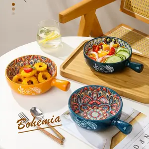 Bohemian Style Ceramic Baking Bowls, Hand-Painted Retro Design, Oven Microwave Dishwasher Safe, Perfect for Mother's Day Gift