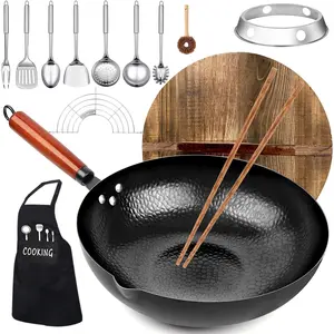 Carbon Steel Wok Pan, 14 Piece Woks & Stir-Fry Pans Set with Wooden Lid Cookwares, No Chemical Coated Flat Bottom Chinese Pan for Induction, Electric, Gas, Halogen All Stoves - 12.6'' Frying Oil Detachable Fork