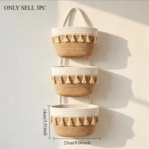 3-piece set of tassel lovely Cozy storage blue living room decoration hanging basket bedroom handmade Christmas tree hanging storage basket porch flower basket Storage Basket Organizer