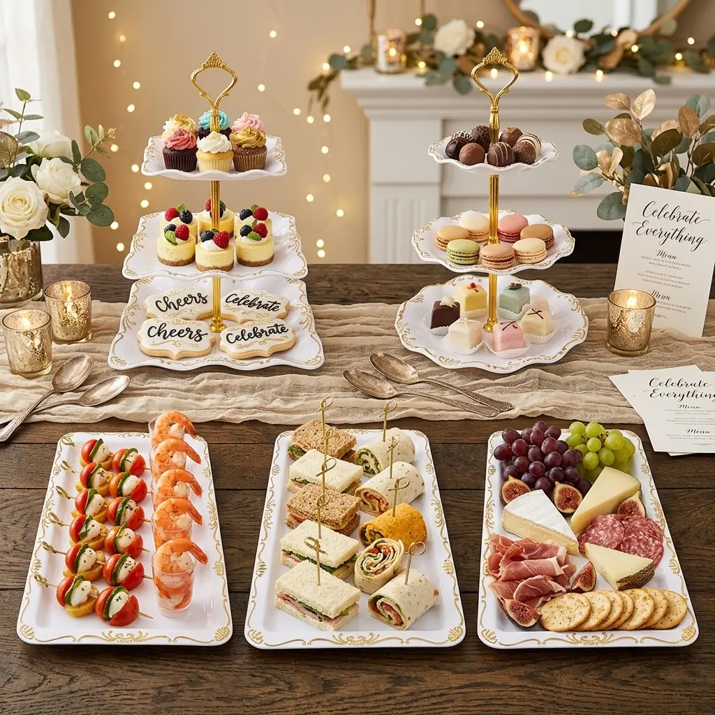 5-Piece Dessert Display Set with Round & Square 3-Tier Stands and Serving Plates, Acrylic Buffet Table Display Rack for Cupcakes, Cakes, Fruits, Candy, Wedding, Birthday, Party, Catering Decoration