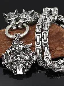 Vintage Viking Style Wolf Head Pendant Necklace, Men's Stainless Steel Chain, Casual Fashion Jewelry, Party Accessory, Durable Fashion Accessory, Gift Ideas
