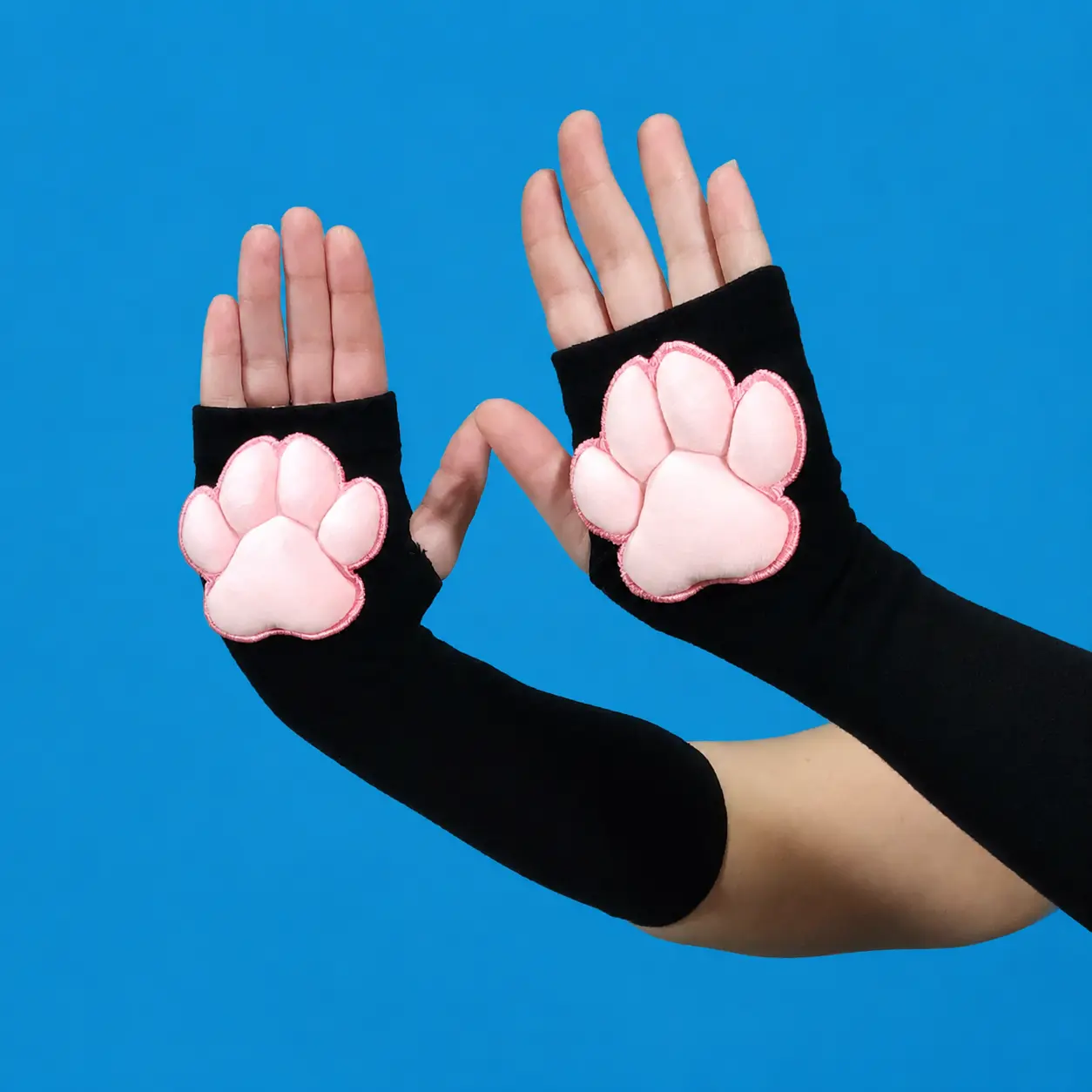 Pink Mochi Stuffed Plush Paw Pads on Black Fingerless Gloves