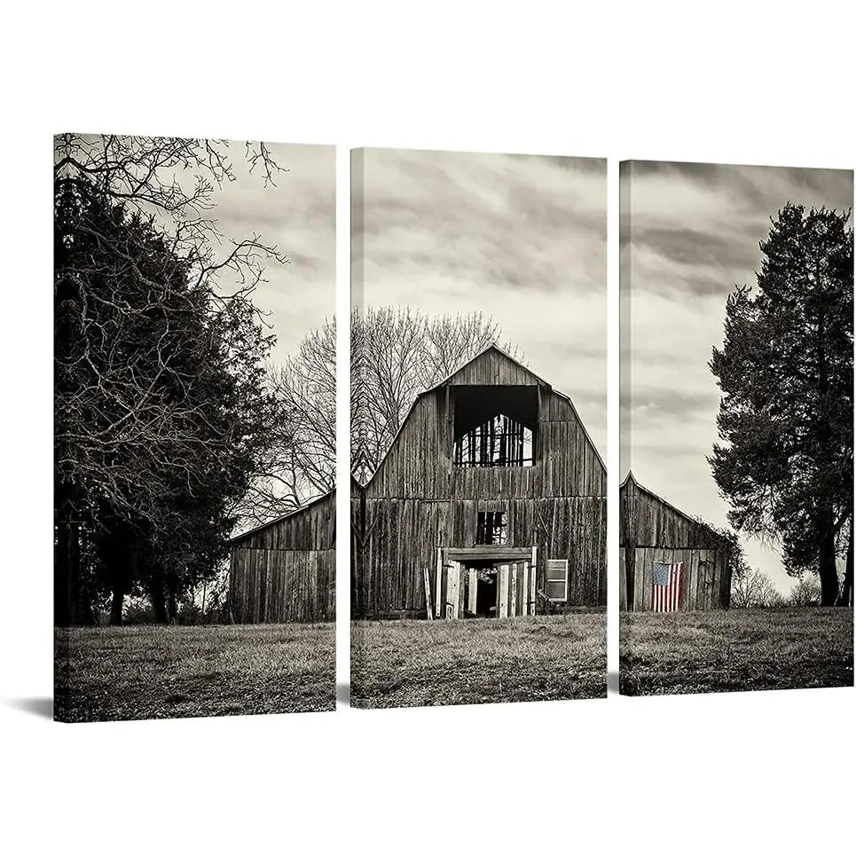 3-Piece Rustic Wood Barn Canvas Wall Art, Black and White Old Barn with USA Flag Print, Vintage Cabin Landscape Picture for Farmhouse Home Decoration, 16x32in Each Room Decor Posters & Prints