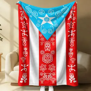 Puerto Rico Taino Tribal Flannel Blanket, Boricua Sun Coqui Print Throw Blanket, Red White Blue Flag Inspired Warm Blanket for Latinx Adults, Soft Cultural Pride Style Gift Blanket, Cozy for Couch Bed Sofa