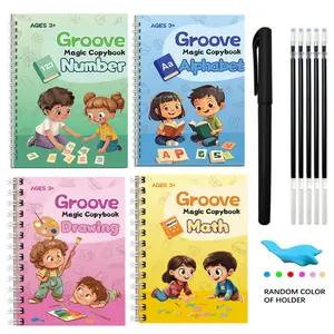 Magic Practice Copybook Set, School Supplies, 4 Counts Reusable Number & Letter & Math & Drawing Practice Copybook with 1 Count Pen, 5 Counts Refills & 1 Count Pencil Grip