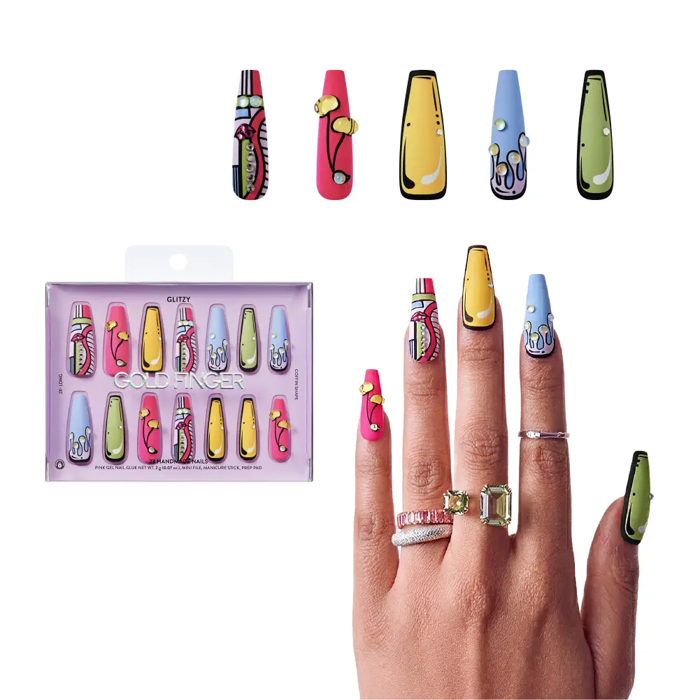 Gold Finger Glitzy 3D Press-On Nails in Countenance – 2X-Long Coffin Fake Nails, Pop Art Comic Design with Rhinestones, Luxury Glue On Nails, 28 Pc Kit