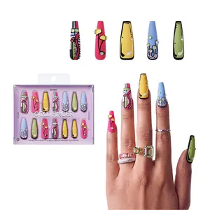 Gold Finger Glitzy 3D Press-On Nails in Countenance – 2X-Long Coffin Fake Nails, Pop Art Comic Design with Rhinestones, Luxury Glue On Nails, 28 Pc Kit
