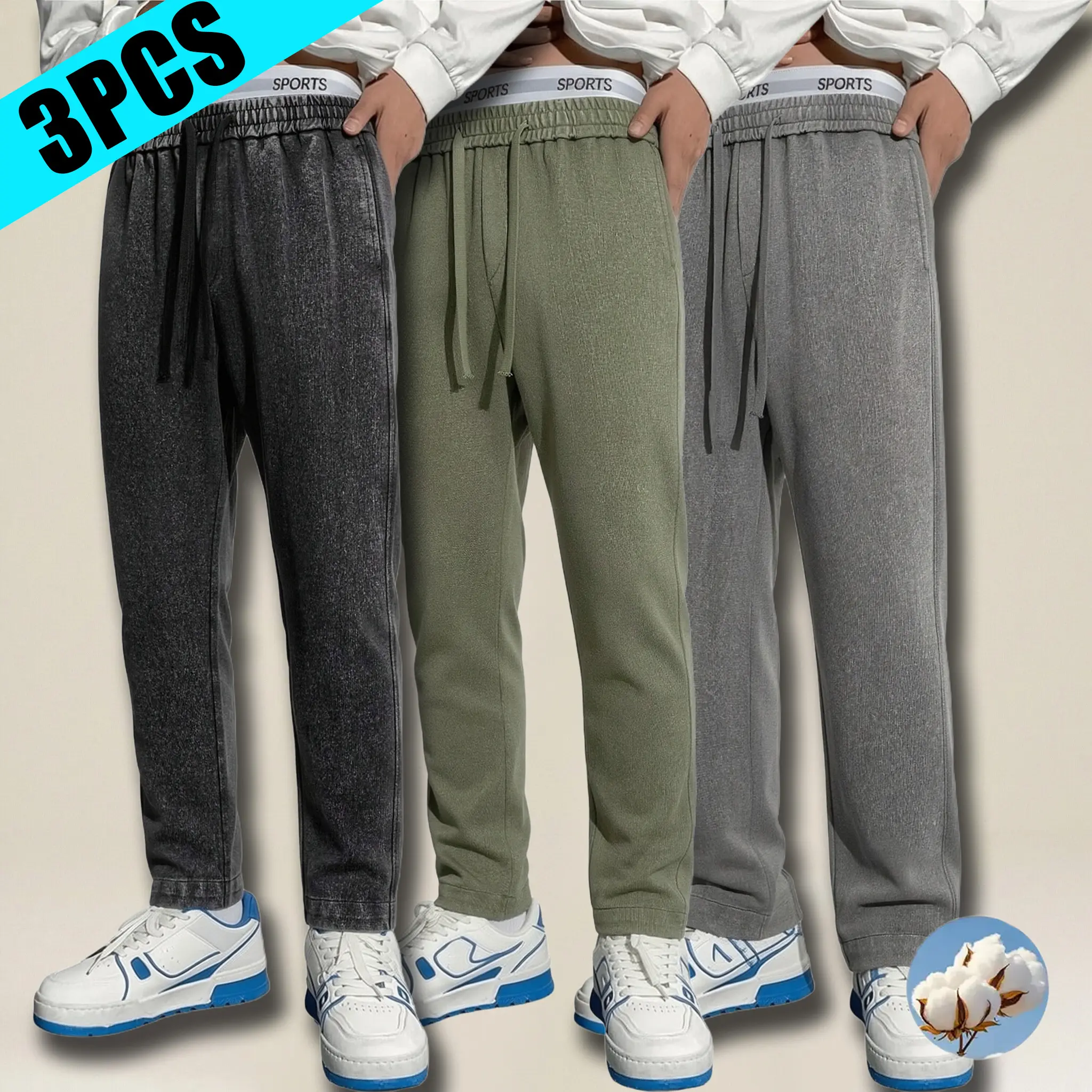 Men's 3-Pack Acid Wash Cotton Solid Color Athletic Casual Sweatpants - Unisex Cut, All-Season, Everyday Street Pants, Black + Army Green + Gray, Gym Bottoms