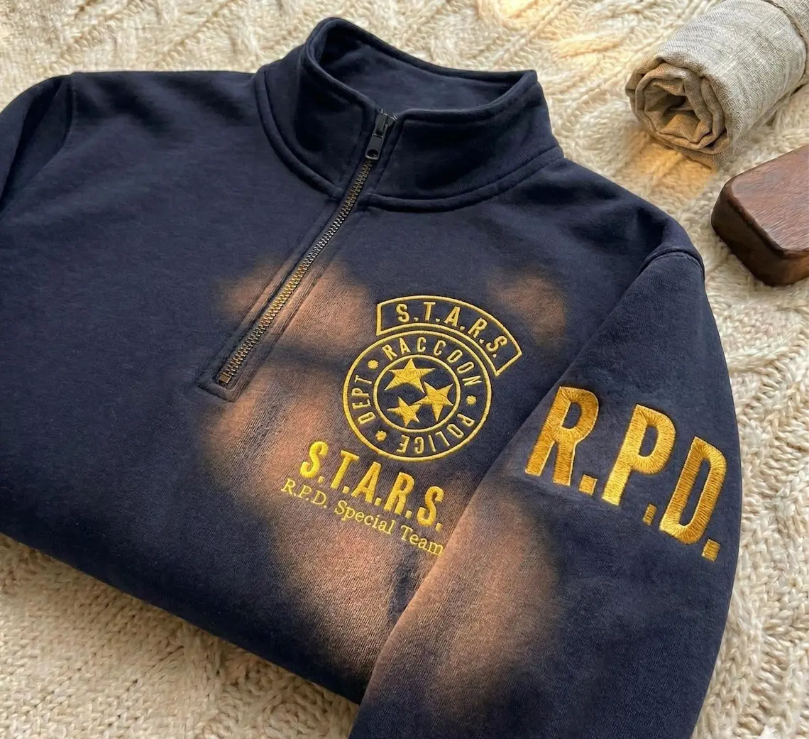 Women's Fitted Plus Size Resident Evil STARS Quarter-Zip Long Sleeve Tops - Raccoon City Police RPD Embroidered Lightweight Tactical Streetwear Gamer Sweatshirt, Stylish Half Zip Sweatshirt, All Seasons Casual Gift, Valentines Day, Cold Wash, Embroidery