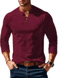 A men's long-sleeved henley shirt, made of waffle-textured fabric with an inherent three-dimensional texture. It features a henley collar with button detailing, comes in a solid color, and has a simple design that suits everyone. It's a must-have for men.