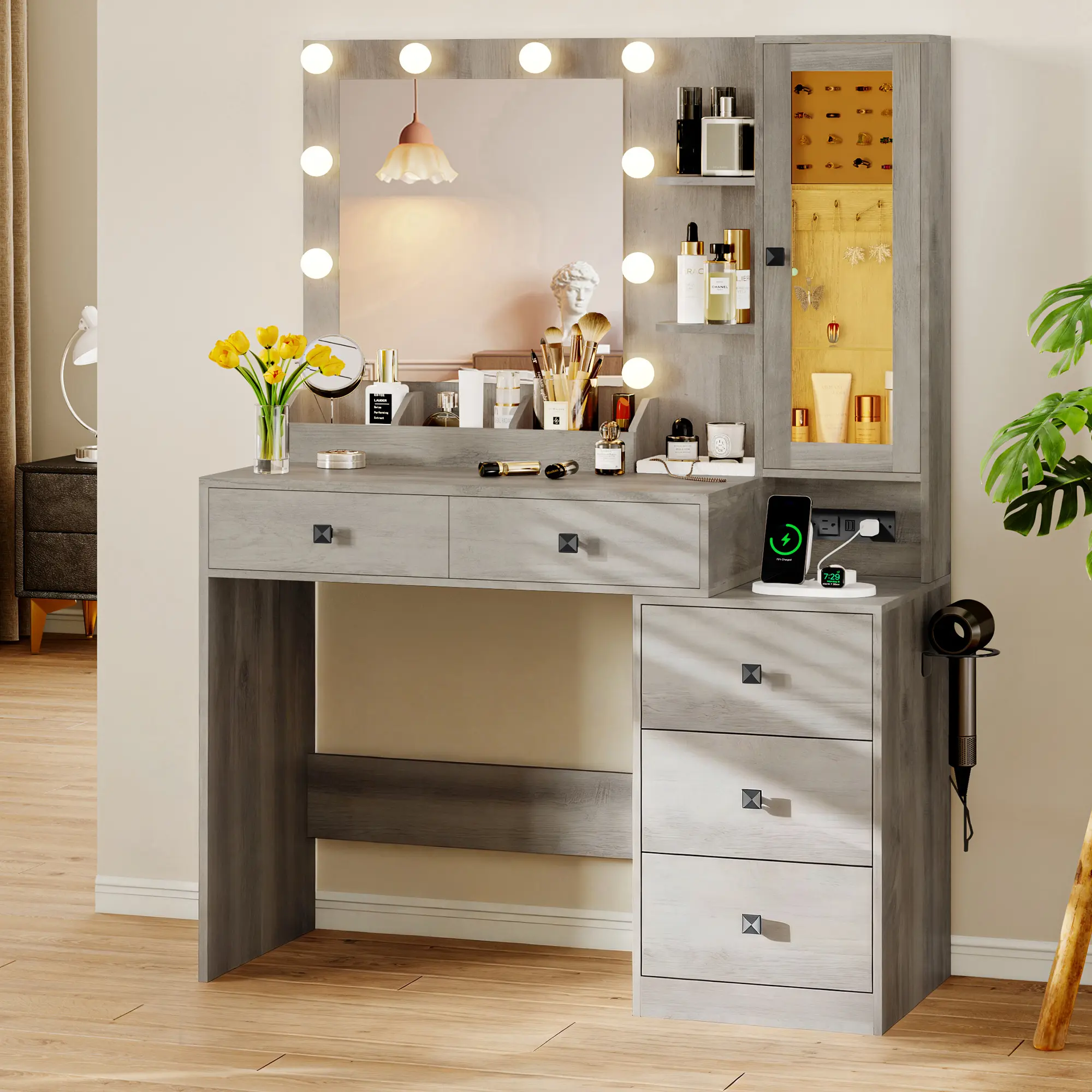 White Dressing Table with Lights and Mirror, 5 Drawers Storage Vanity Set, Adjustable LED Brightness, Power Outlet Included with Comfort Chair for Home Bedroom fathers day gift ideas
