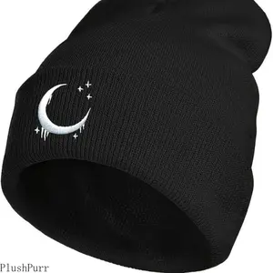 Unisex Warm Skull Knit Beanie, Sports & Outdoor Hat with Crescent Motif and Star Embroidery, Gothic Aesthetics Design for Adults, Ideal Winter Casual Wear Gift, Embroidered Beanie,summervibes outdoorfun