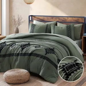 Embroidery Comforter Set, Boho Farmhouse Western Bedding Set, All Season Bed in A Bag Comforter Set with Sheets, Pillowcases & Shams, Olive Green Queen 7 Pieces