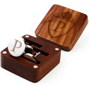 Mens Initial Silver Cufflinks A-Z Alphabet Letter Steel Cuff Links with Engraved Walnut Wood Box Groom Groomsman Wedding Set