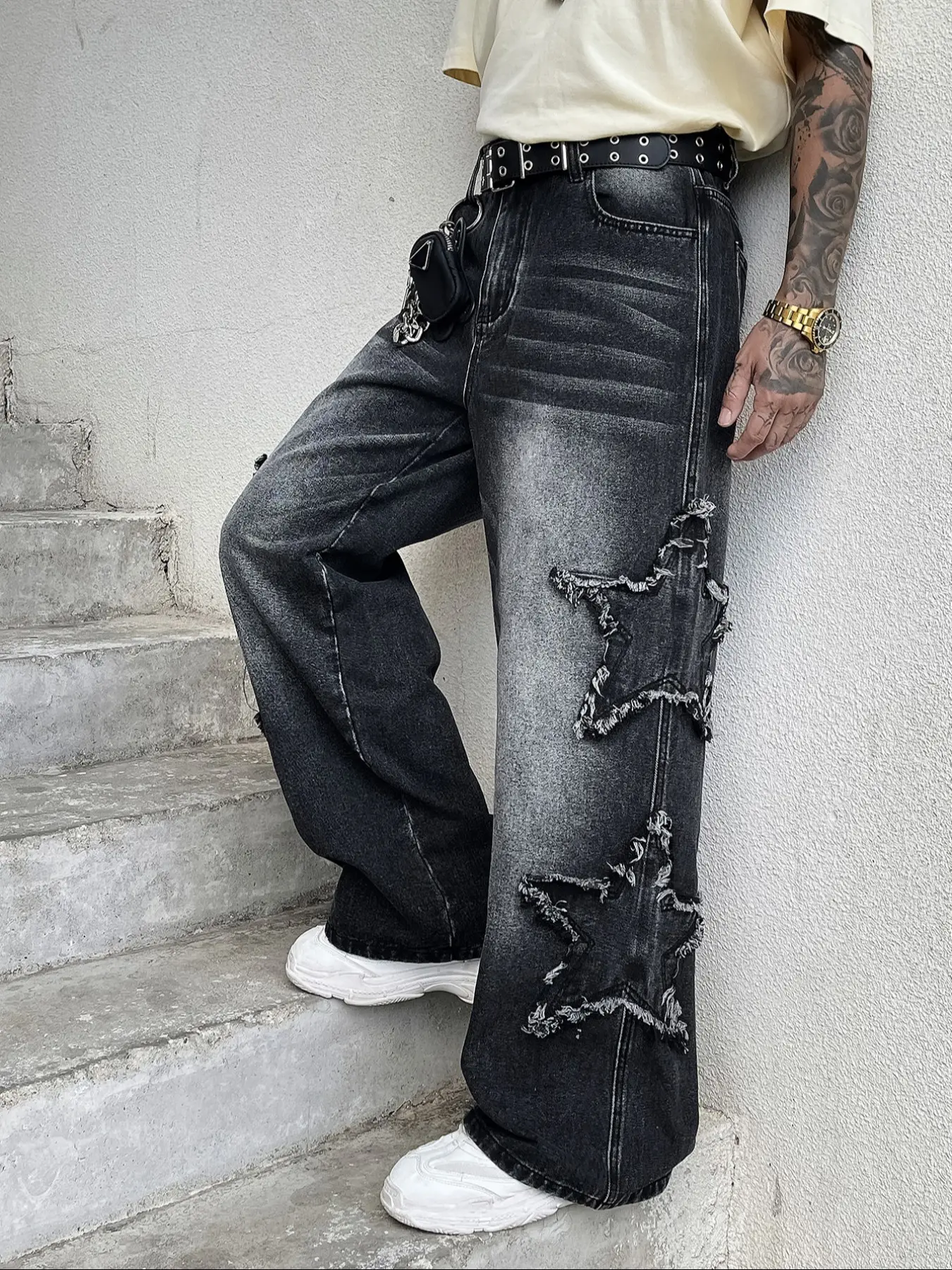 Men's Washed Star Patch Loose Straight Denim Jeans Pants with Pocket, Vintage Y2K High Street Streetwear Style, Casual All Seasons, Zipper Fly, Natural Waist, Loose-Fitting, Jean Pants Bottoms, Menswear