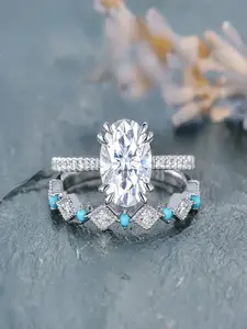 1 Set Charming Natural Turquoise & Rose Gold Engagement Rings for Women, Wedding Rings, Engagement Rings for Couples, Halloween Christmas Gifts