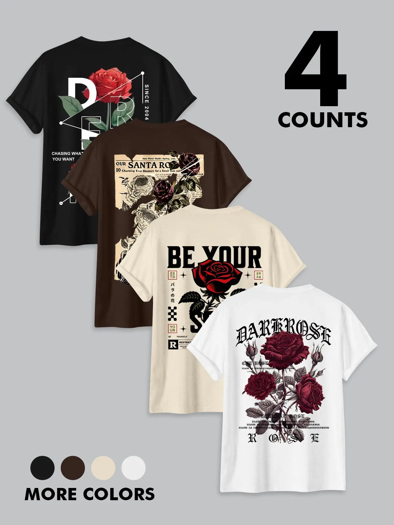 4-Pack Men's Rose & Letter Print Round Neck Short Sleeve Floral Graphic Tees, Artwork Tee, Classic Streetwear Fitted Casual Graphic Design Crewneck T-Shirts for Summer, Men's Tops for Daily Wear, Menswear
