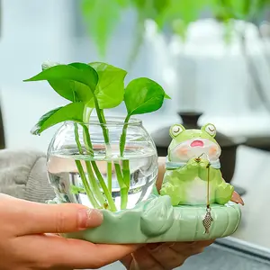 Cute Frog Fishing Vase, Decorative Vase, Ceramic Flower Pot with Greenery Design, Smooth Finish, Ideal for Office Desk & Home Decor, Unique Gift Idea