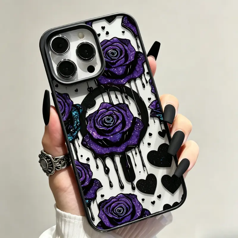 Magnetic Fit TPU Plastic Case for Various iPhone Series (17/16/15/14/13/12/11; Pro, Pro Max, Standard) - Multi-Model MagSafe-Compatible, Shockproof Acrylic Cover, Elegant Purple Flower Botanical Design, Premium Anti-Fall Fashionable Phone Accessory
