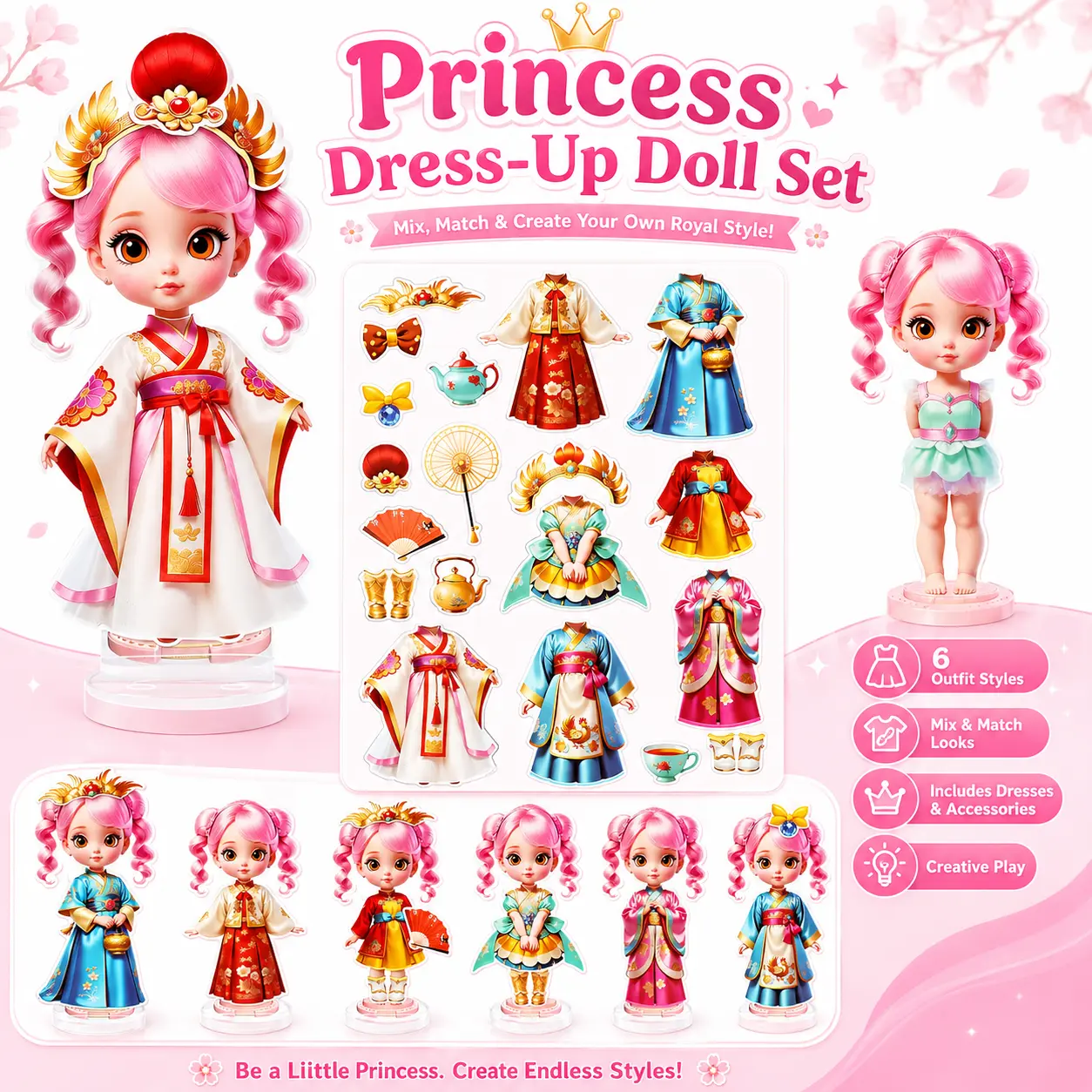 Princess 4-in-1 Magnetic Dress Up Paper Dolls Set (Hanfu Series) for Girls 3-10, DIY Art Craft Travel Toys with Magnetic Parts, All Seasons Brain-Boosting Screen-Free Quiet Sensory Activity, Fine Motor Skill Developer, Gifts/Stocking Stuffers/Prizes, Coll