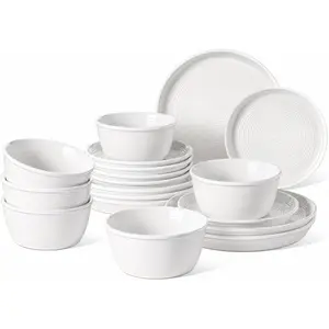 Ceramic Plates and Bowls Set for 6, 18- Ceramic Dinnerware Set, Farmhouse Dishes Set, Microwave & Dishwasher Safe, Stackab, 10" Dinner+8" Salad Plates+6" Bowls, White