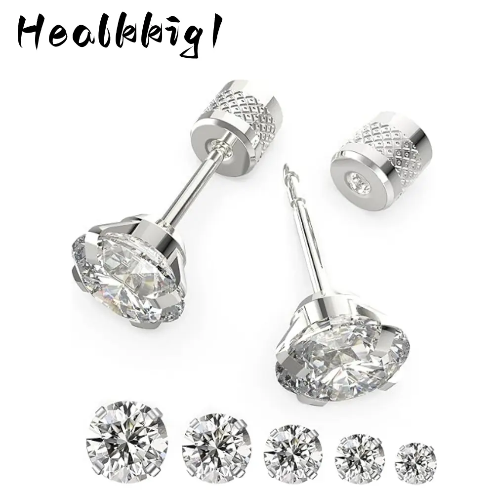 Stud Earrings Set, 5 Pairs Hypoallergenic Surgical Steel Titanium Flat Back Earrings with Cubic Zirconia, Push-in for Multiple Cartilage Piercings, 4mm-8mm