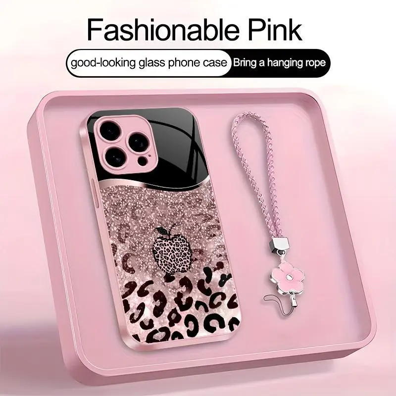 Y2K Pink Leopard Faux Glitter Art Phone Case with Lanyard |  Light Glass Smooth 2D Illusion Cover |  for [iPhone & Samsung] ,Summervibes summerwins 985