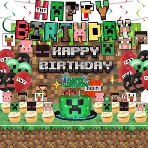 Pixel World Birthday Decoration Set, Party Banner, Background Cloth, Flags, Plates, Napkins, Cups, Perfect for Christmas, Halloween, Birthdays