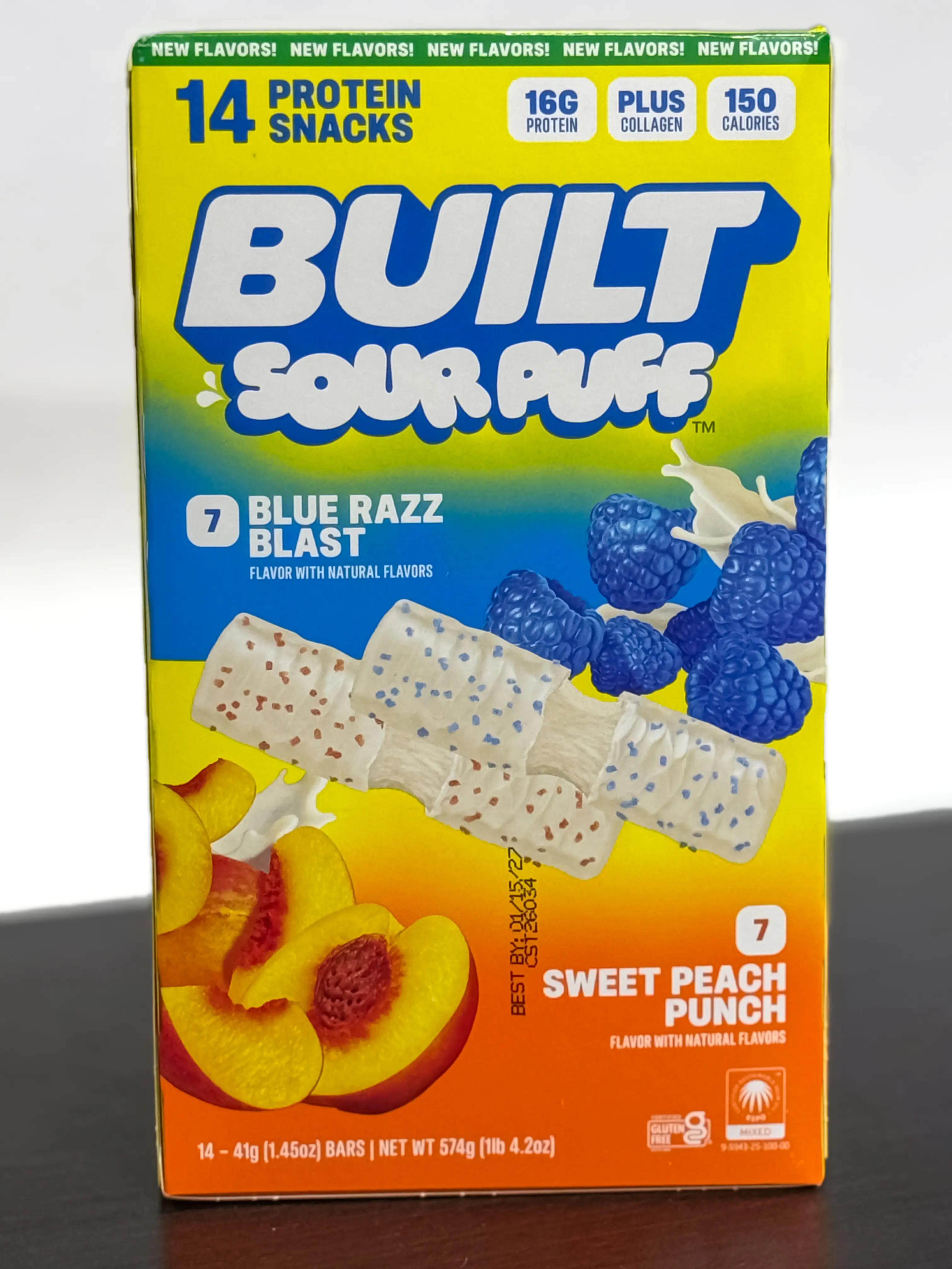 Built Bar Sour Puff Blue Razz Blast & Sweet Peach Punch Protein Bars 14 count