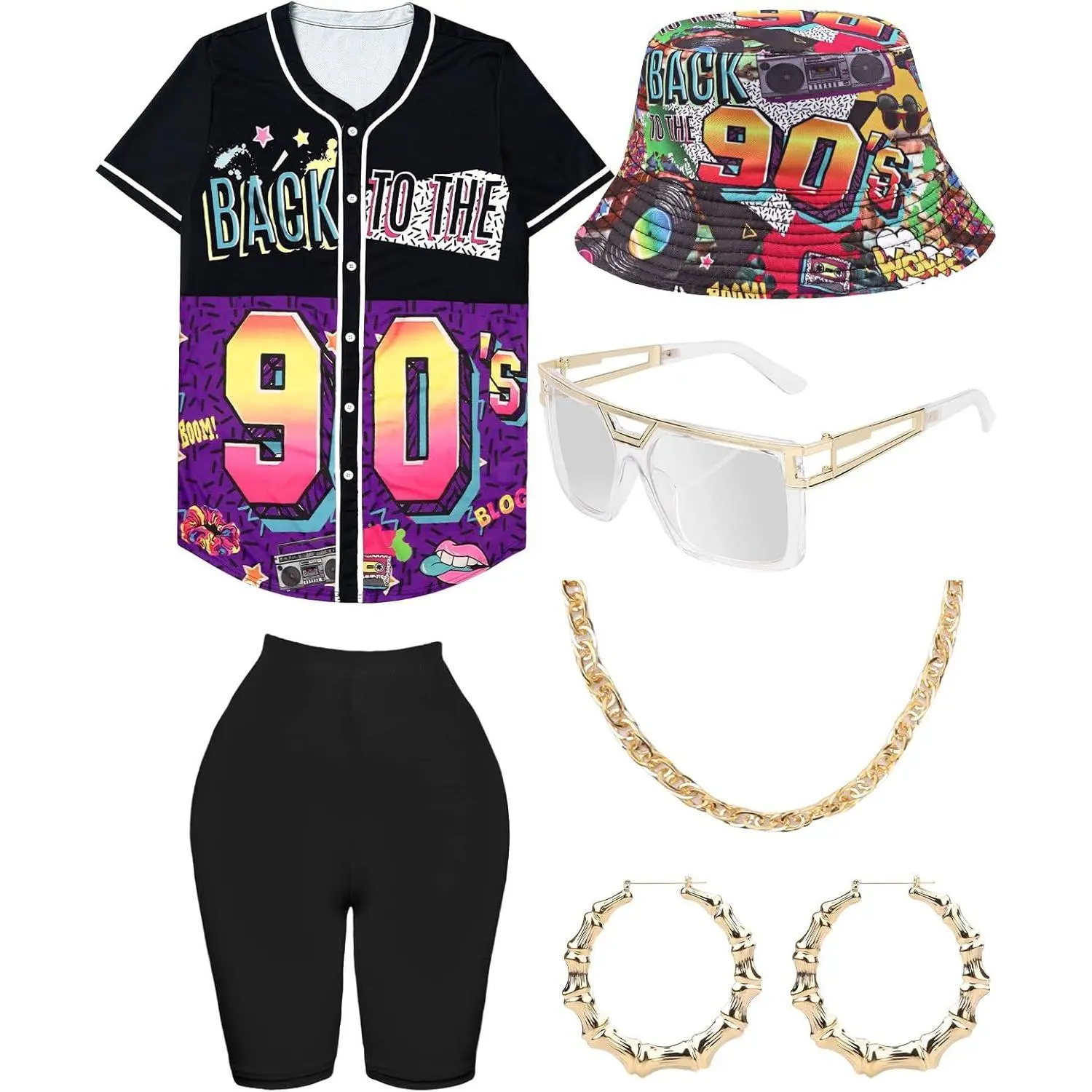 80s 90s Outfit for Women, Unisex Hip Hop Costume Baseball Jersey Shirt Yoga Pants Bucket Hat Gold Chain Rapper Accessories
