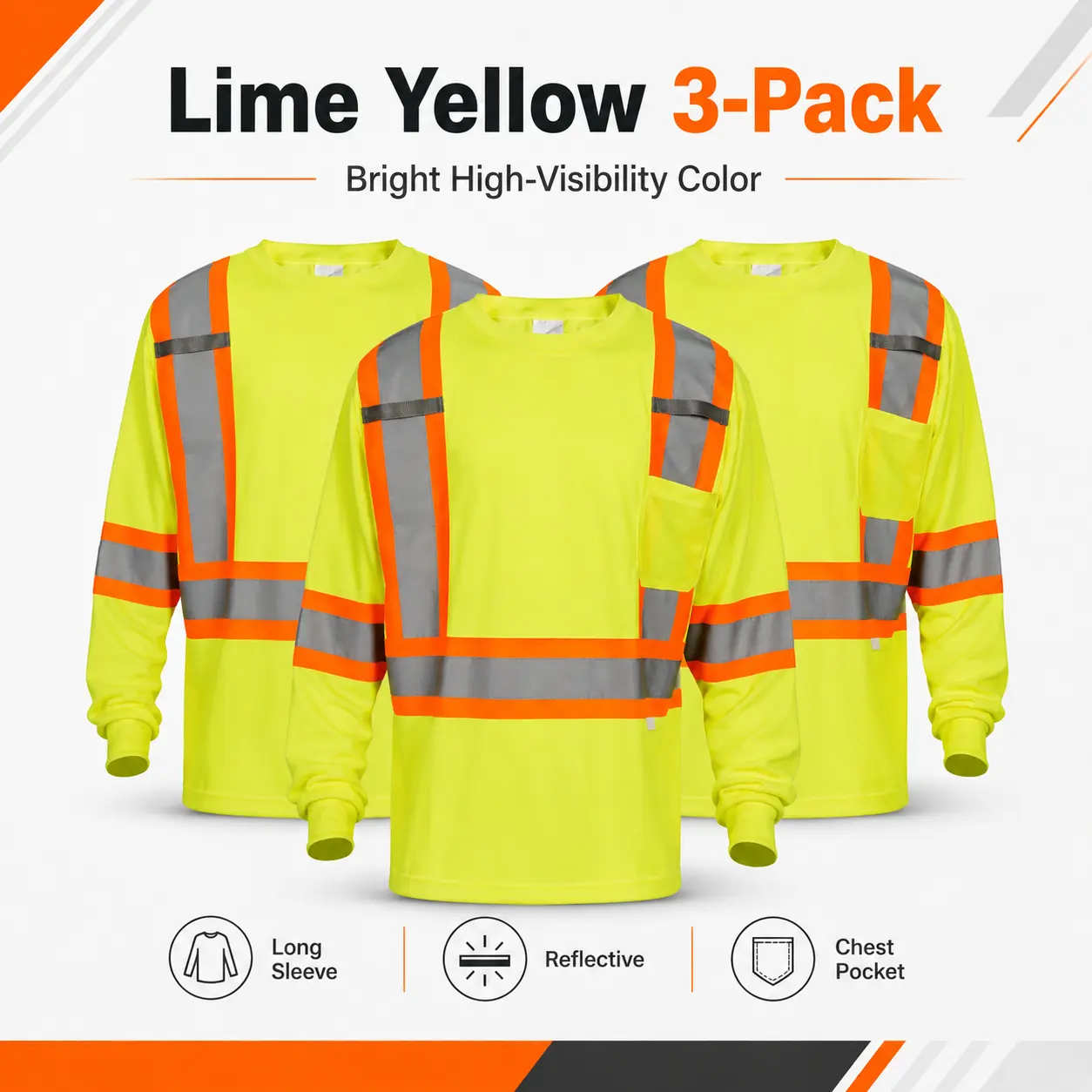 Men's 3/6-Pack Pomerol High Visibility Pocketed Long Sleeve Work T-Shirts, Reflective Strips, Breathable Lightweight Fabric, Safety Gear Ideal for Construction, Night Use, Neon Yellow/Green Work Gloves