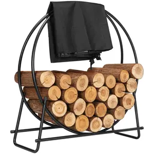 VIVOHOME Firewood Log Rack Hoop with Cover, Heavy Duty Solid Steel Fire Wood Storage Rack and Cover Set with Zipper, Round Log Holder Ring for Indoor Outdoor Patio Deck Porch