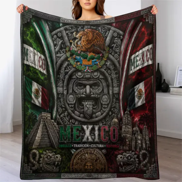 Mexico Aztec Calendar Eagle Fleece Blanket, 2026 Mexico Soccer Culture Throw Blanket, Vintage Stone Temple & Eagle Graphic Soft Cozy Plush Blanket for Sofa Bed Couch, Orgullo Tradición Cultura Historia Patriotic Gift for Men Women