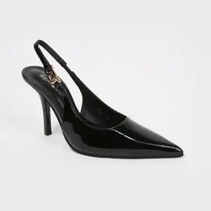 BERNESS Women's Stiletto Footwear - Elegant Patent Leather Pointed-Toe Slingback Heels, Formal Business Style, Chain Accent