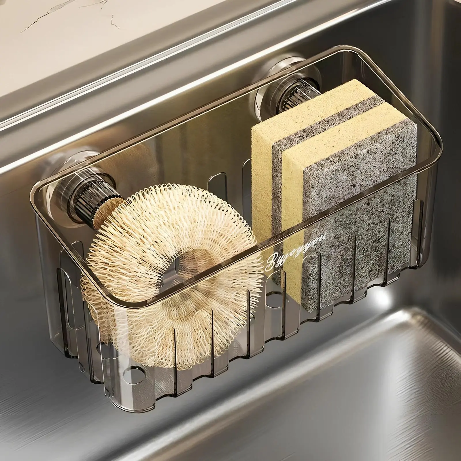 Chefora Clear Suction Cup Sink Caddy Organizer, No-Drill Inside Sink with Quick Drain Holes, Removable & Washable Kitchen Sink Storage for Sponges, Scrubbers, Brushes, Rust-Resistant Clutter Saver 7.7 × 3.3 × 3.5 in（Twist the Suction Cup to install）