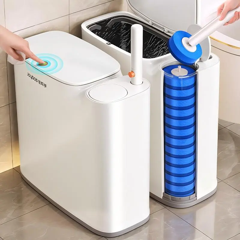 Joybos Multifunctional 2-in-1 Space-Saving Bathroom Trash Can with Toilet Brush Refill Option, Slim Shape Waterproof ABS Bin with Lid, Disposable Wand System & Removable Inner Trash Can for Powder Room, RV