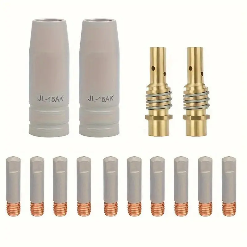 Vulcan 14-Piece 15AK Coated Non-Stick Welding Torch Nozzle Set, Brass Surface Treatment, 10 Tips, 2 Gas Diffusers, 2 Nozzles, 0.030inch (0.8mm), Industrial Power Tool Accessories, Arc Welding Gear, Battery Not Included, 10 Welding Tips