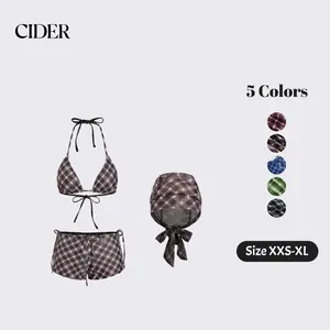 Cider 4-Piece Set Halter Neckline Check Knotted Triangle Tie Side Bikini Set With Cover Up Shorts & Headscarf