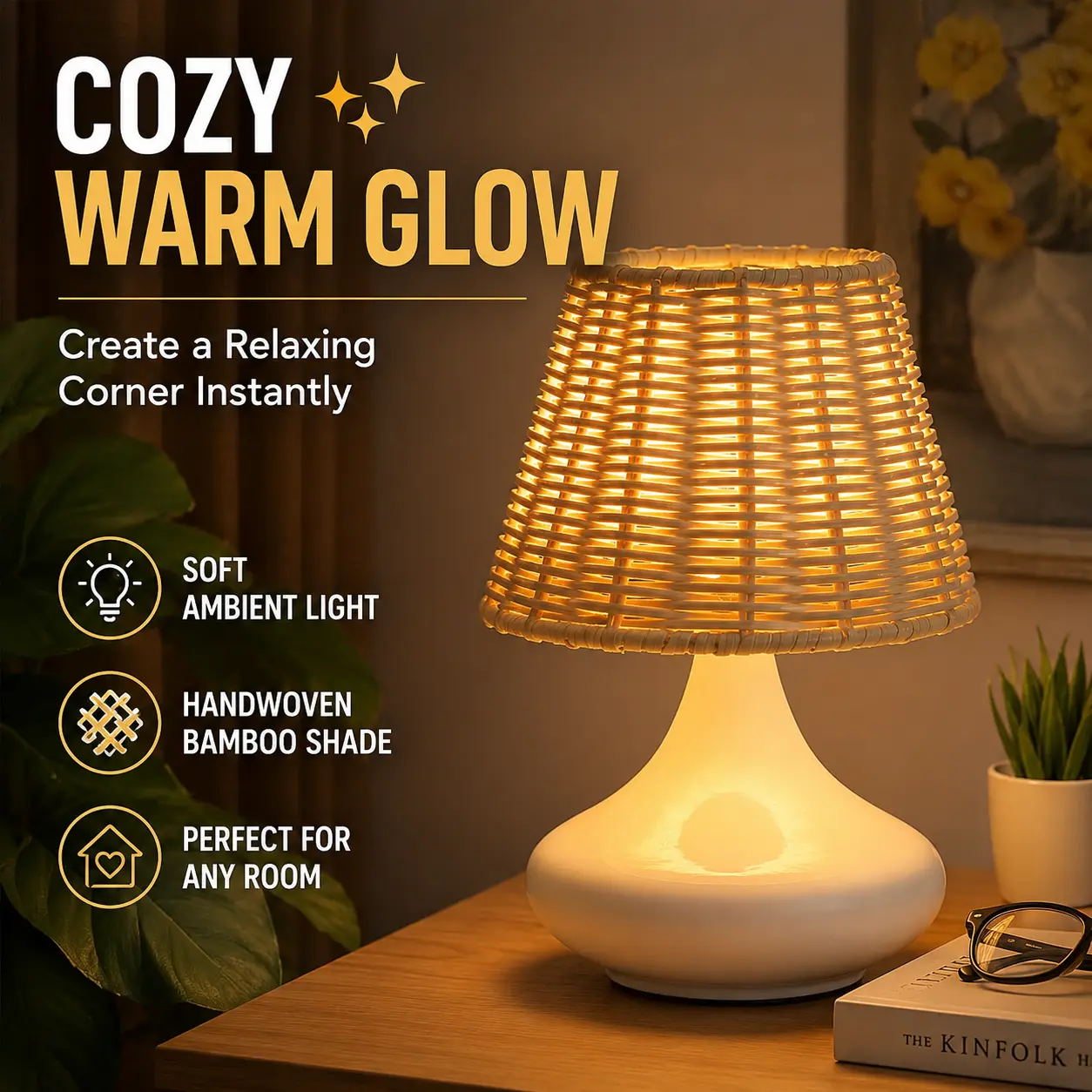 Boho Neutral Rattan Table Lamp with Ceramic Base - Indoor Lighting Table Lamps, Home Decor Light, Cozy Glow Ambient Lighting for Bedroom Reading Nook Bedside Night Light, Console Tables