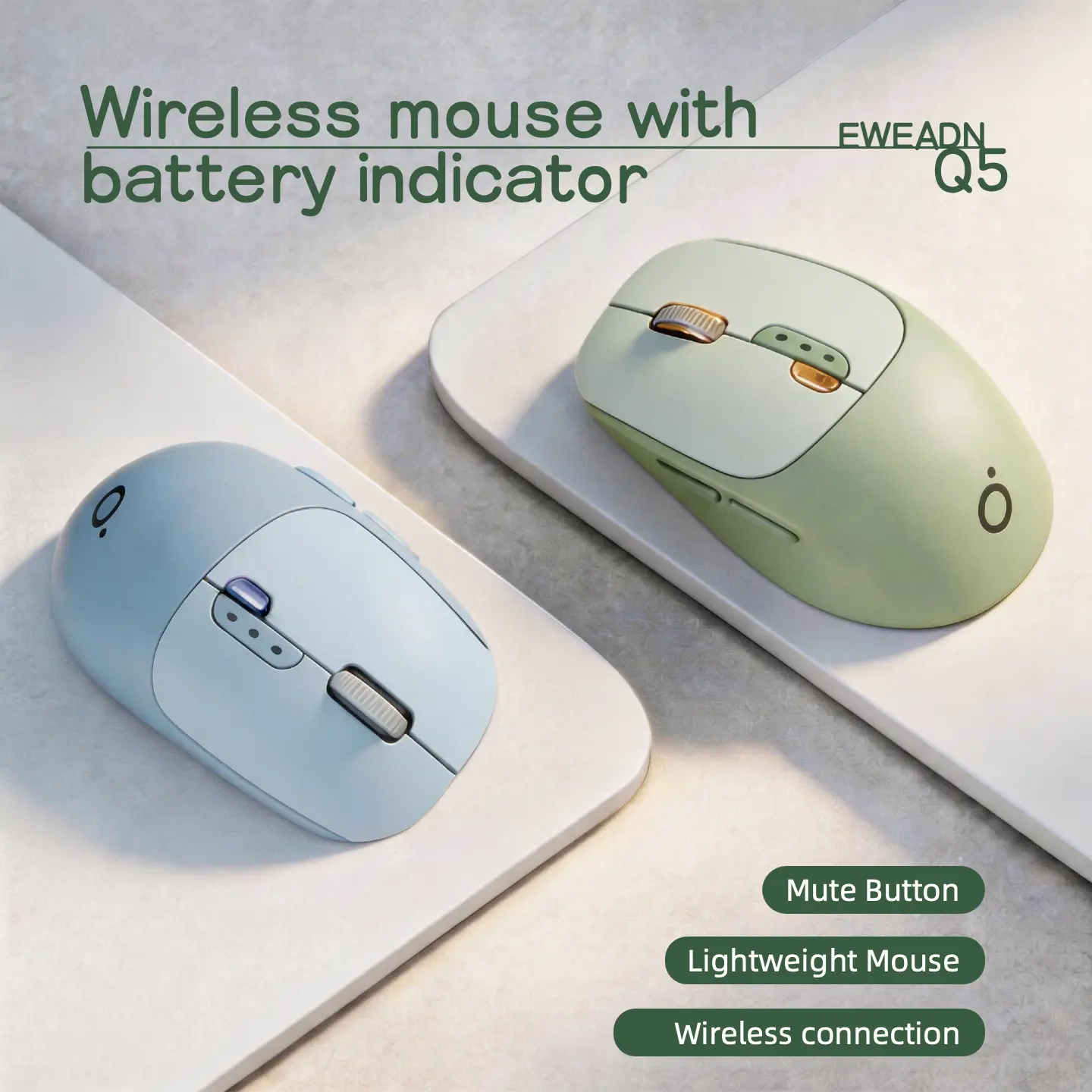 Minimalist Sage Green Silent Computer Mouse Wireless, Ergonomic Mouse Wireless, Ambidextrous Desk Setup Essential with 60-Day Battery Life