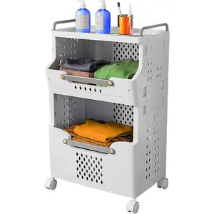 Laundry Basket with Wheels,Rolling Folding Laundry Hamper,utility cart,Kitchen storage Cart,Stackable Storage Bins Open Front,Dirty Clothes Hamper,Plastic laundry room organization