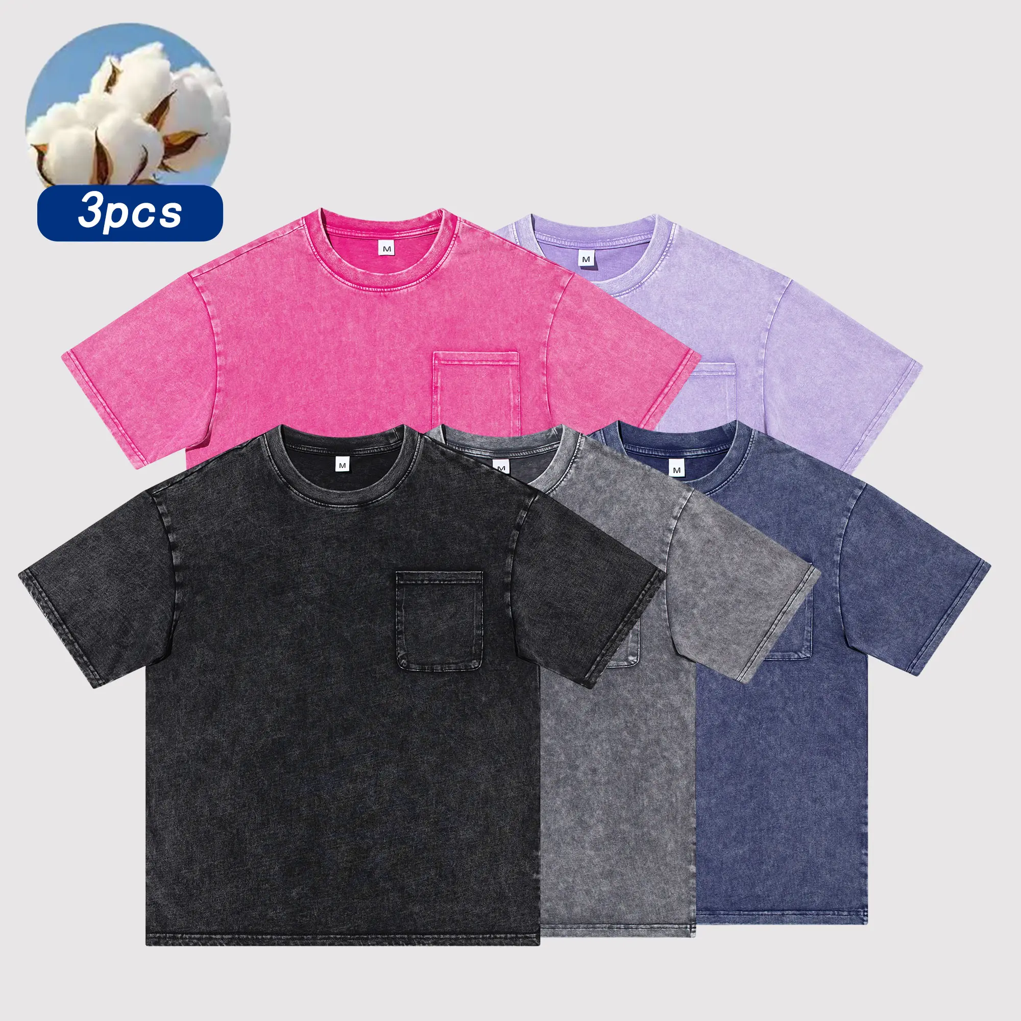 3-Pack American distressed crew neck short sleeve T-shirts — summer street style, loose casual, versatile